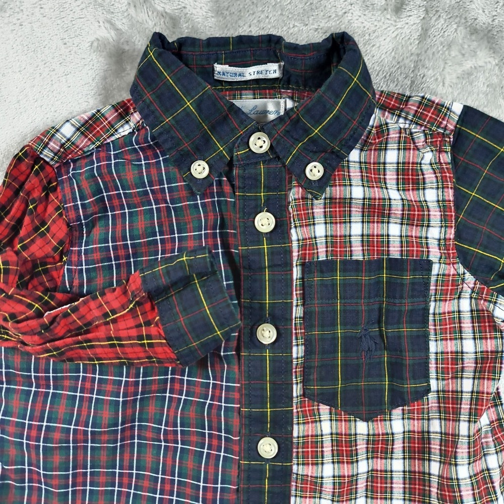Ralph Lauren Baby Boy Shirt 6M Plaid Button Up Tartan Patchwork Stretch
